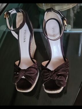 Prada Dark Brown Suede Knot Espadrille Wedge Sandals